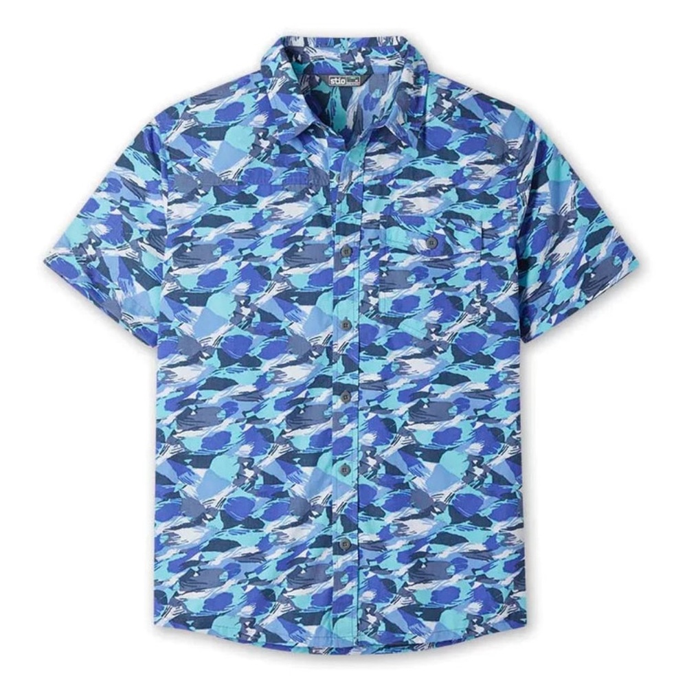 Stio Men's Curtis Camp Shirt Short Sleeve Hot Spring Brush Stroke Camo NWT